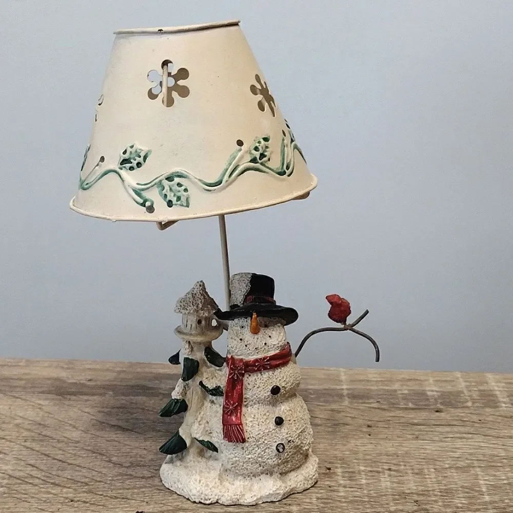VTG Set of 2 Christmas Ceramic Snowman‎ Metal Shade Tealight Holders
